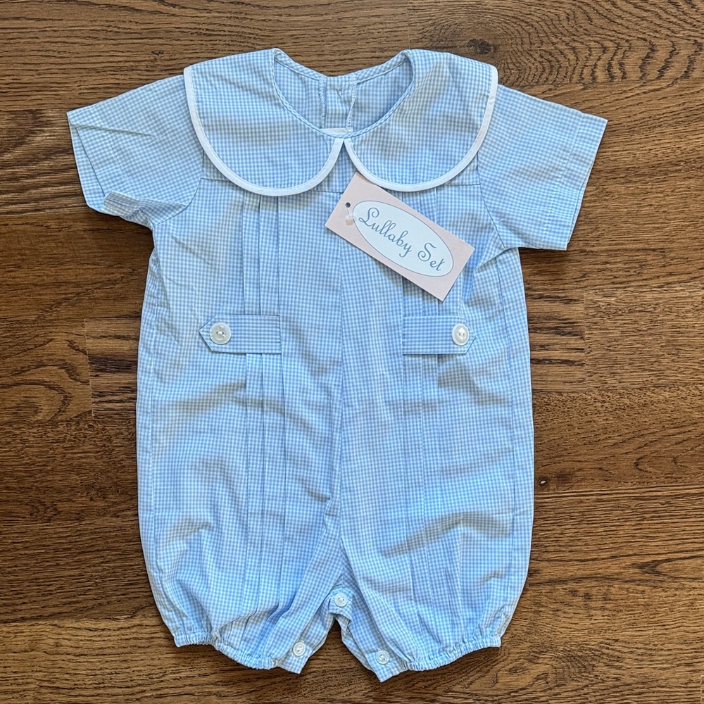 Lullaby Set New With Tags Light Blue Gingham Baby Romper with Peter Pan Collar